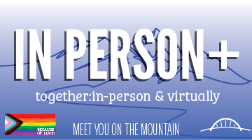 In person Togehter In-person virtually white words on a blue background with mountain image