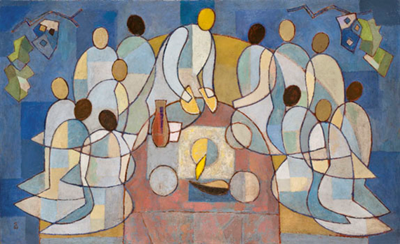 An abstract painting of the Last Supper scene with Jesus and his disiples.