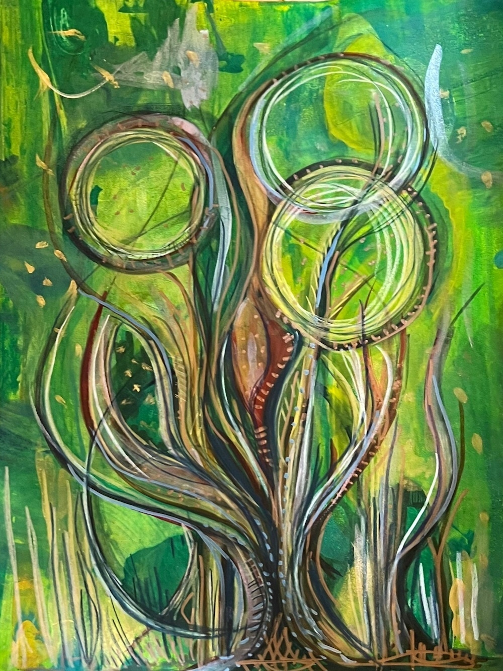 An abstract painting in greens and golds of a tree-like shape with three rings