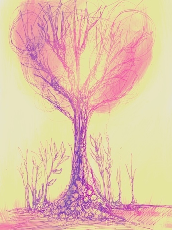 A pink and purple doodle of a tree on a yellow background