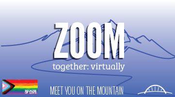 Zoom together virtually white words on a blue background with mountain outline