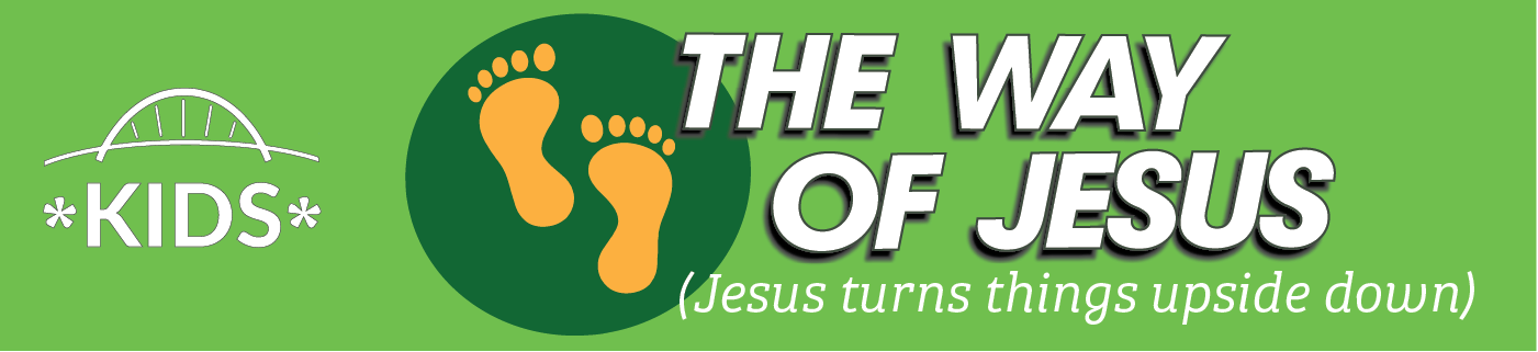 The Way of Jesus, orange footprints on a dark green circle on a bright green background